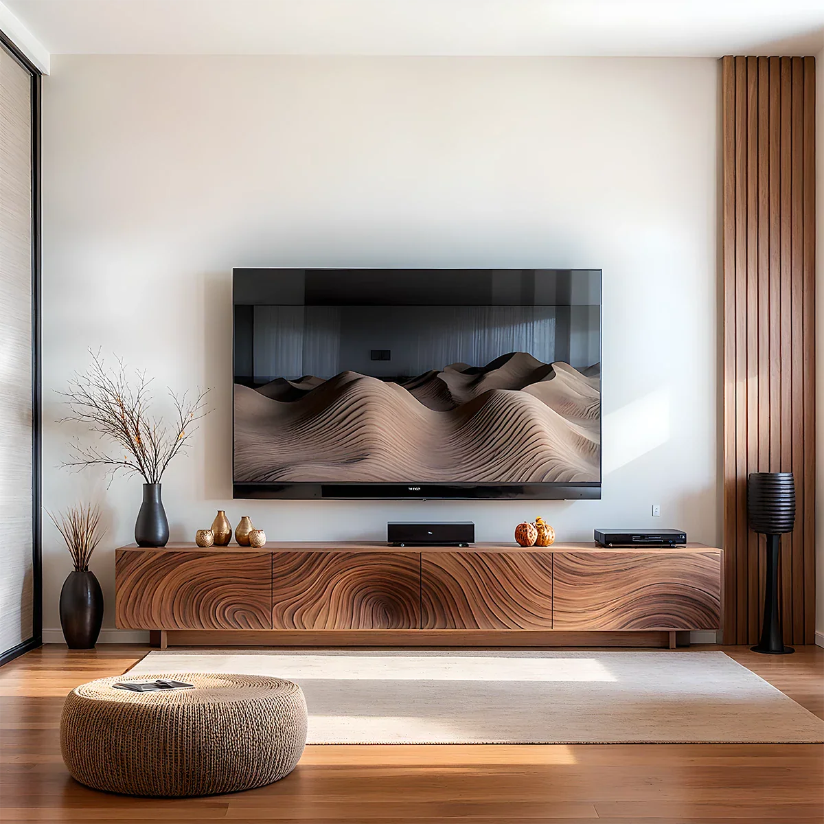 Modern Carved Wave Solid Wood TV Console – Luxury Organic Media Cabinet - Rustira