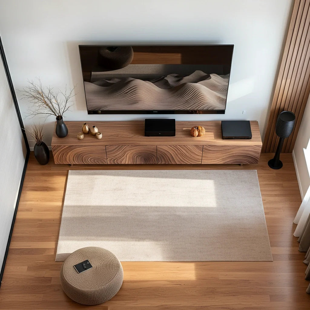 Modern Carved Wave Solid Wood TV Console – Luxury Organic Media Cabinet - Rustira