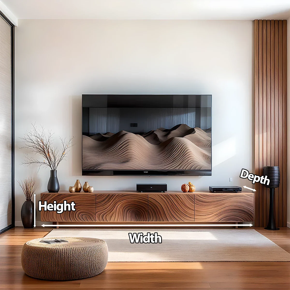 Modern Carved Wave Solid Wood TV Console – Luxury Organic Media Cabinet - Rustira