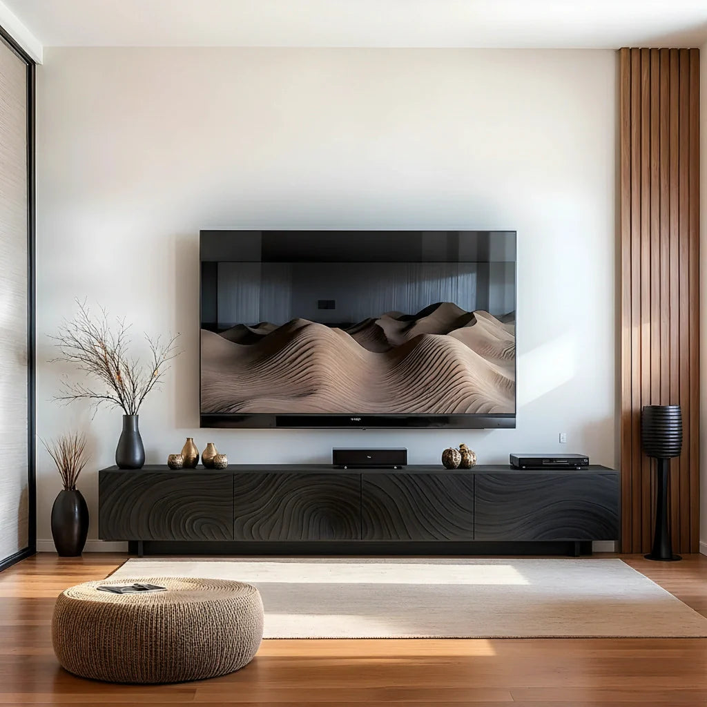 Modern Carved Wave Solid Wood TV Console – Luxury Organic Media Cabinet - Rustira