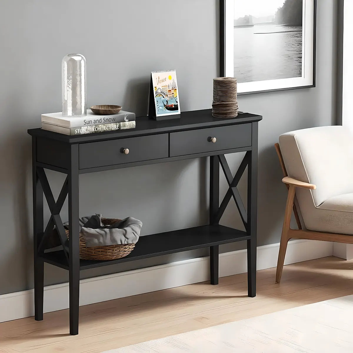 Modern Console Table with 2 Drawers + Bottom Shelf – 39.4″×11.8″×31.5″ – Luxurious Black