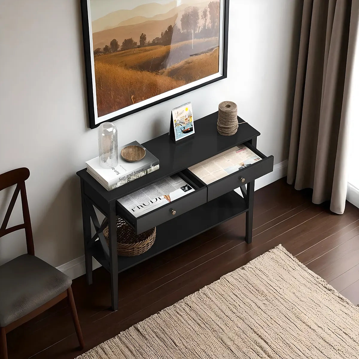 Modern Console Table with 2 Drawers + Bottom Shelf – 39.4″×11.8″×31.5″ – Luxurious Black