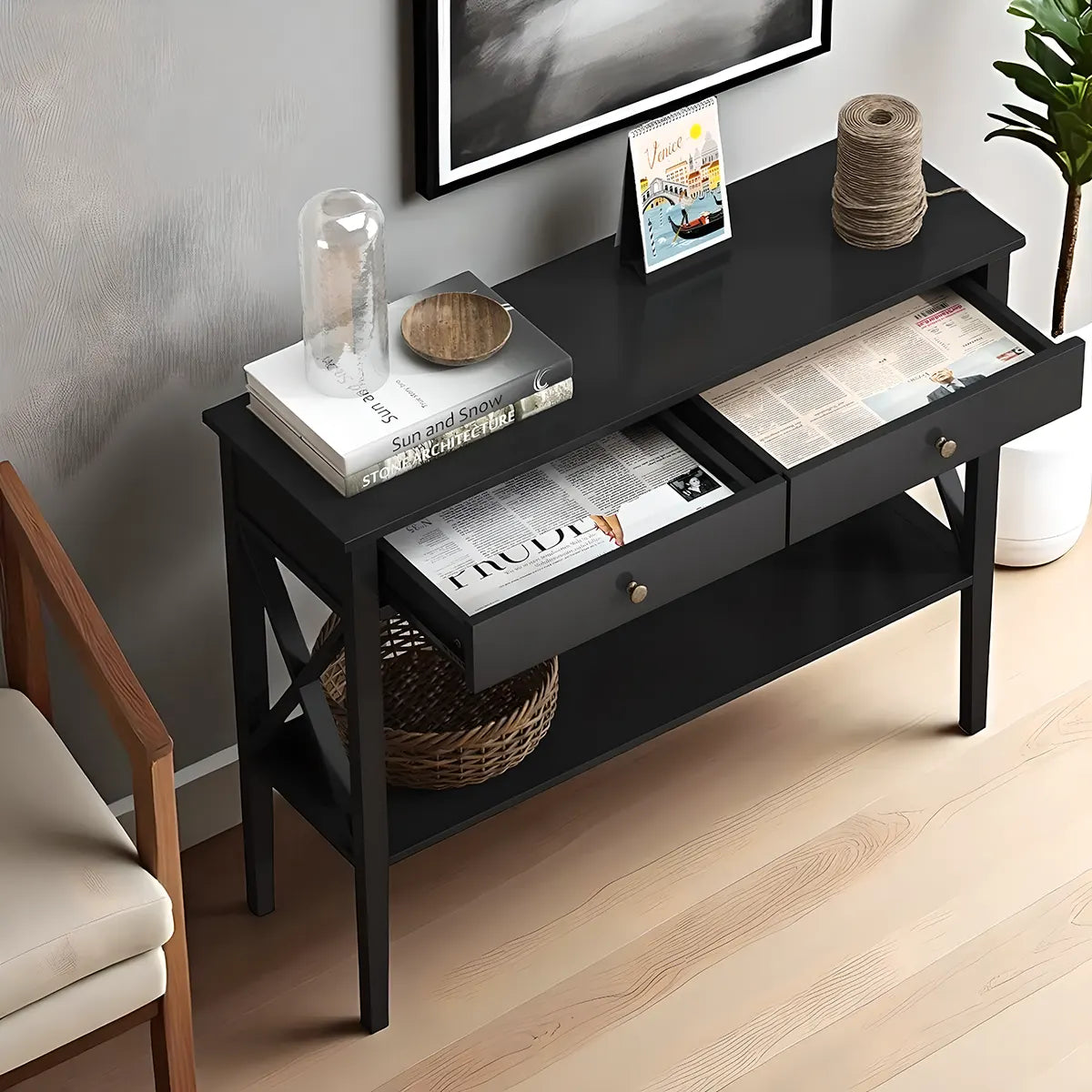 Modern Console Table with 2 Drawers + Bottom Shelf – 39.4″×11.8″×31.5″ – Luxurious Black