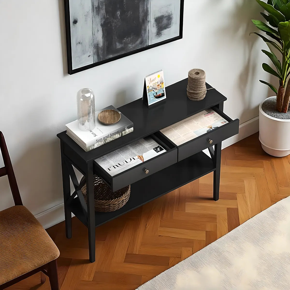 Modern Console Table with 2 Drawers + Bottom Shelf – 39.4″×11.8″×31.5″ – Luxurious Black