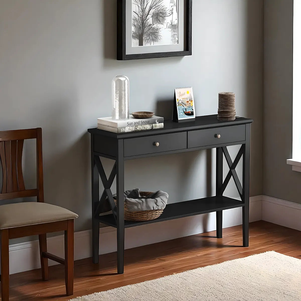 Modern Console Table with 2 Drawers + Bottom Shelf – 39.4″×11.8″×31.5″ – Luxurious Black