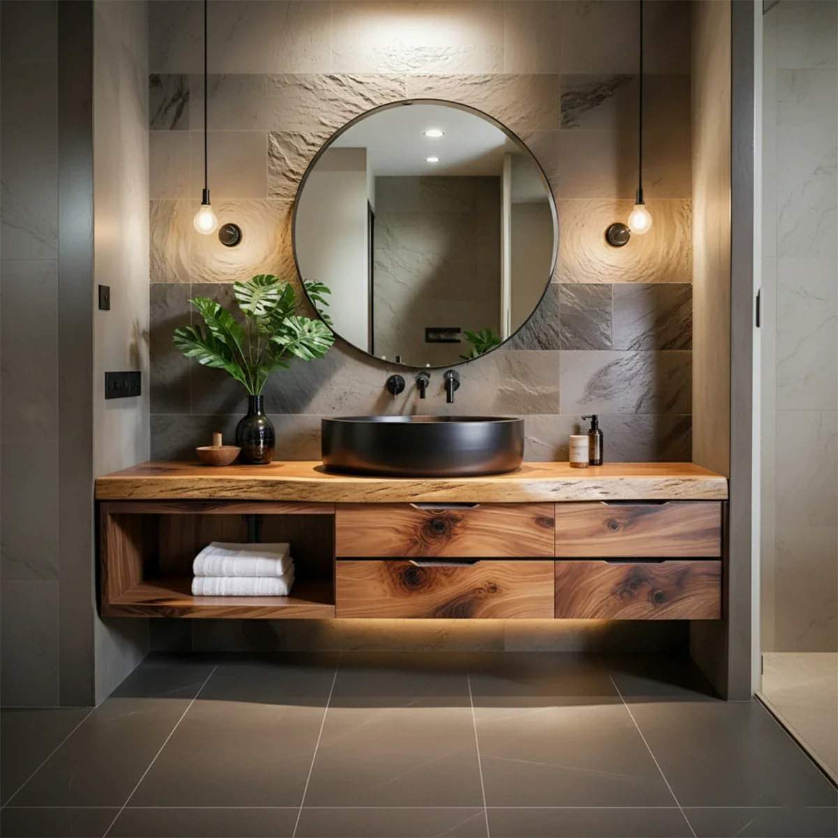 Modern Floating Natural Solid Wood Bathroom Vanity - Rustira