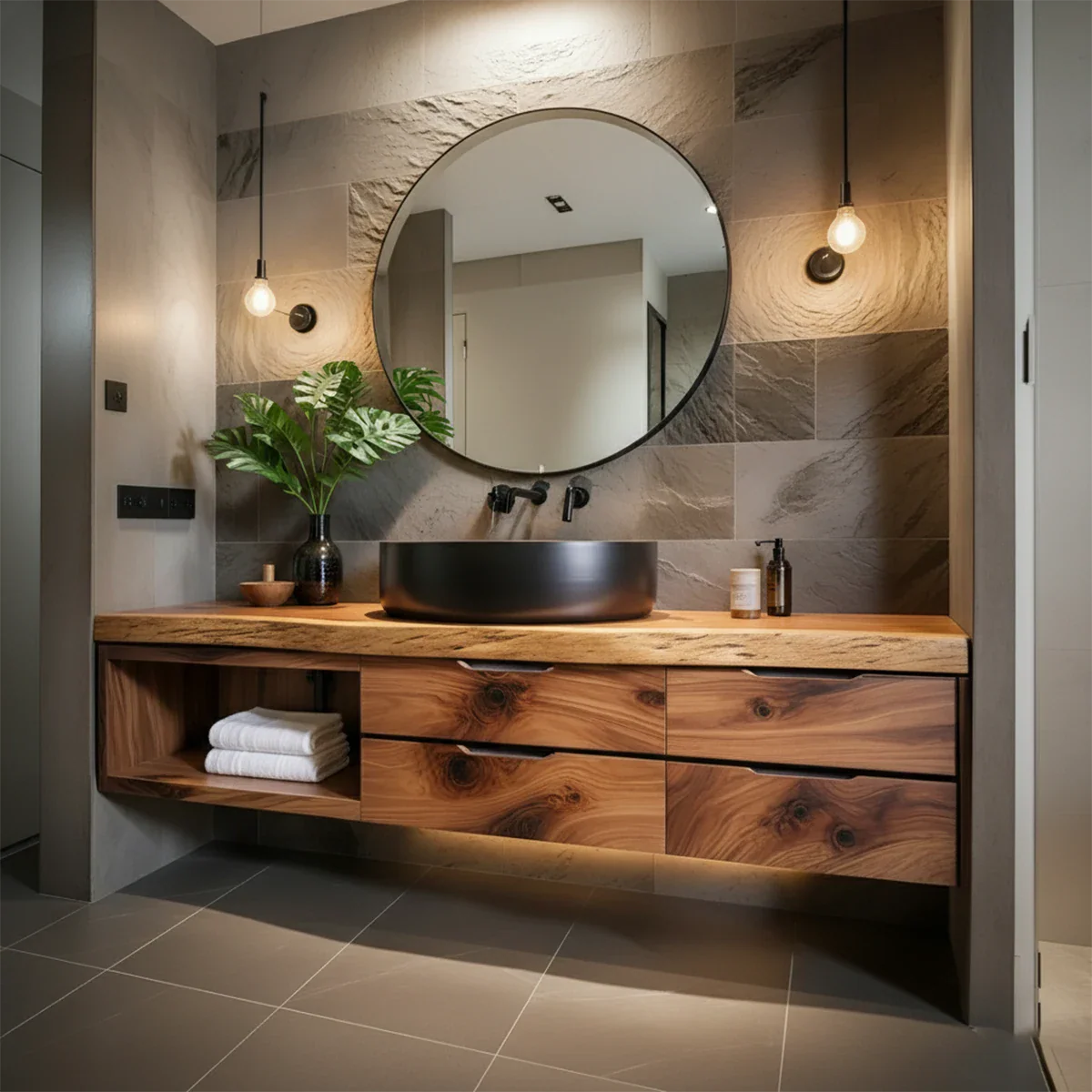 Modern Floating Natural Solid Wood Bathroom Vanity - Rustira