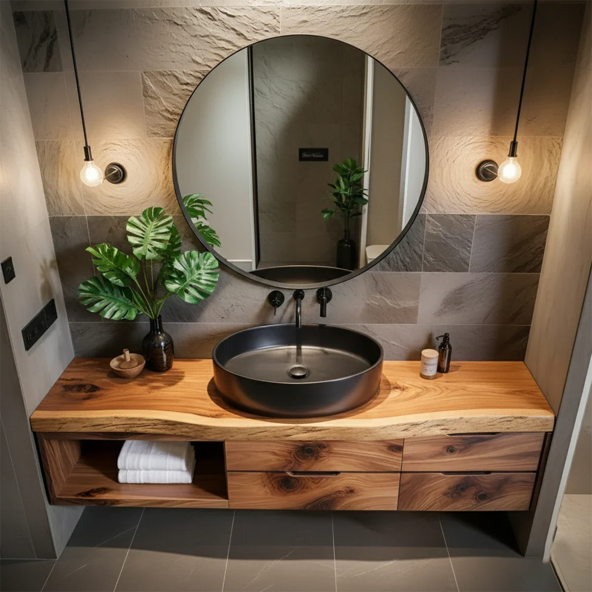 Modern Floating Natural Solid Wood Bathroom Vanity - Rustira