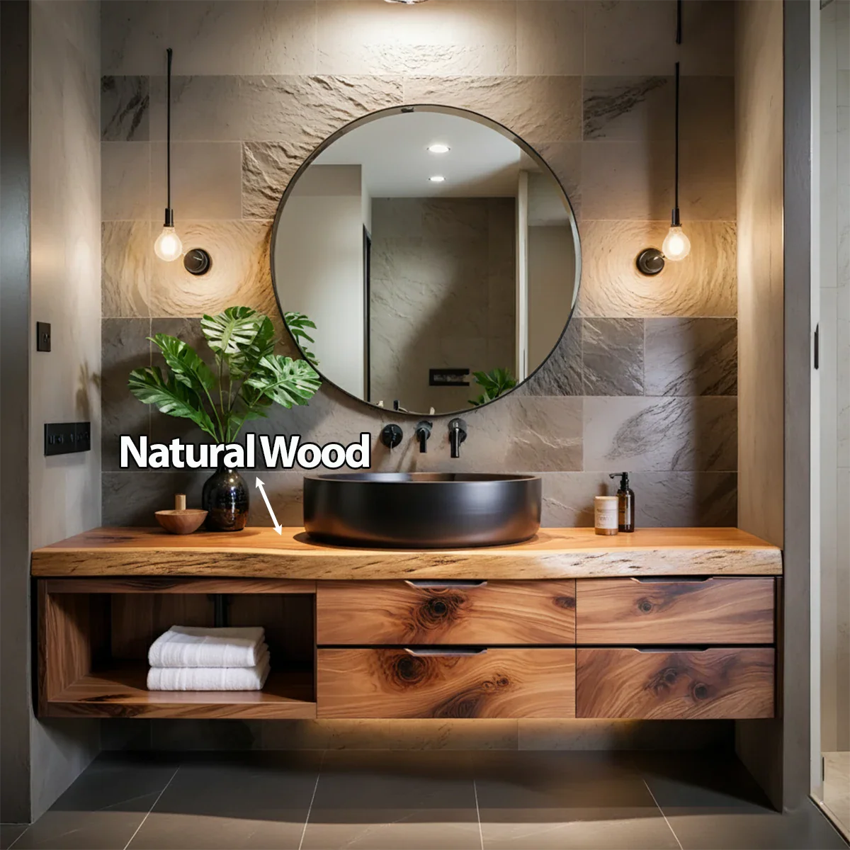 Modern Floating Natural Solid Wood Bathroom Vanity - Rustira