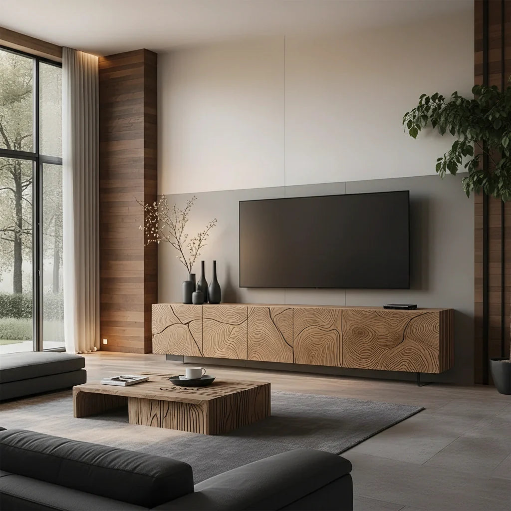 Modern Hand-Carved Solid Wood TV Console & Coffee Table Set – Organic Line Art - Rustira