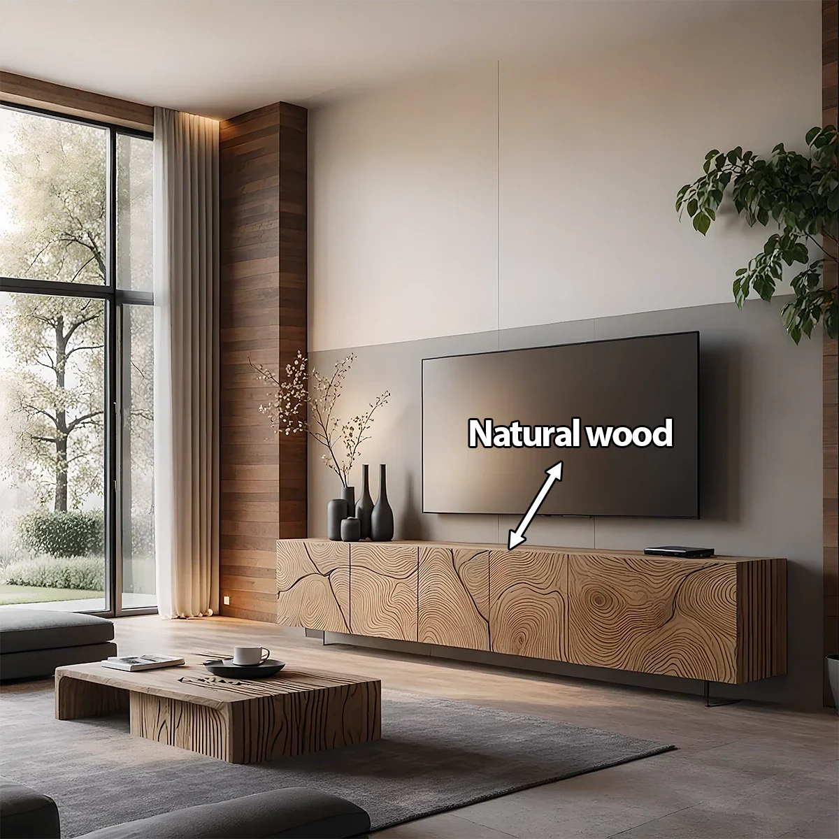 Modern Hand-Carved Solid Wood TV Console & Coffee Table Set – Organic Line Art - Rustira