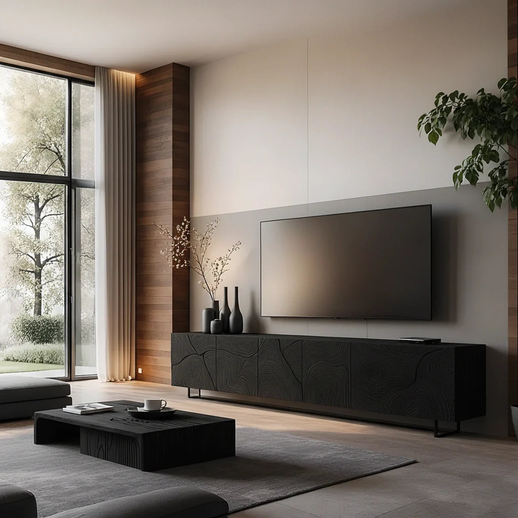 Modern Hand-Carved Solid Wood TV Console & Coffee Table Set – Organic Line Art - Rustira