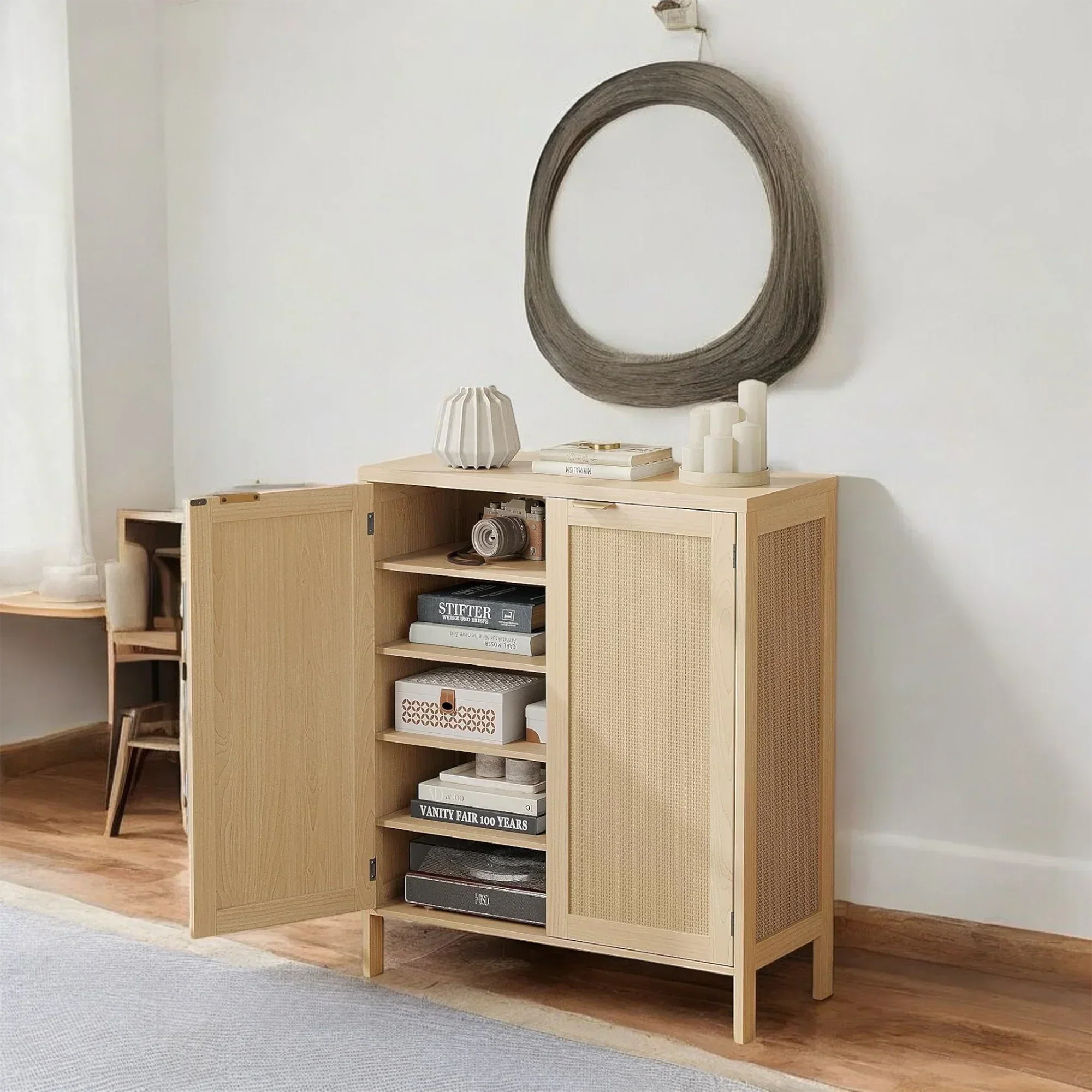 Modern Natural Rattan Shoe Cabinet with Adjustable Shelves