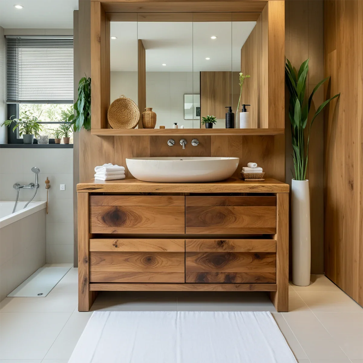 Modern Natural Solid Wood Vanity with Wide Grain Drawers - Rustira