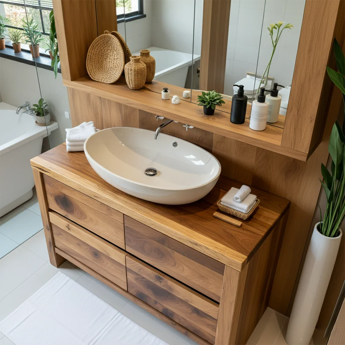 Modern Natural Solid Wood Vanity with Wide Grain Drawers - Rustira