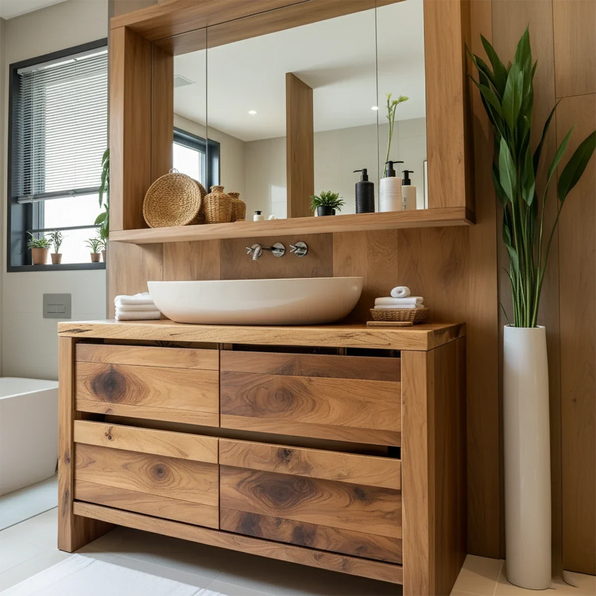 Modern Natural Solid Wood Vanity with Wide Grain Drawers - Rustira