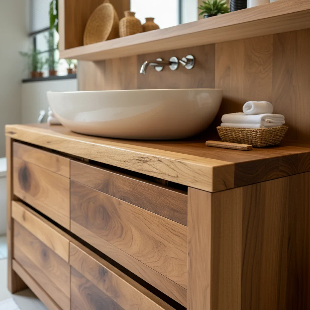 Modern Natural Solid Wood Vanity with Wide Grain Drawers - Rustira