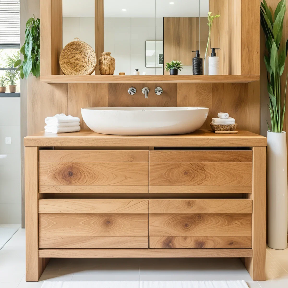 Modern Natural Solid Wood Vanity with Wide Grain Drawers - Rustira