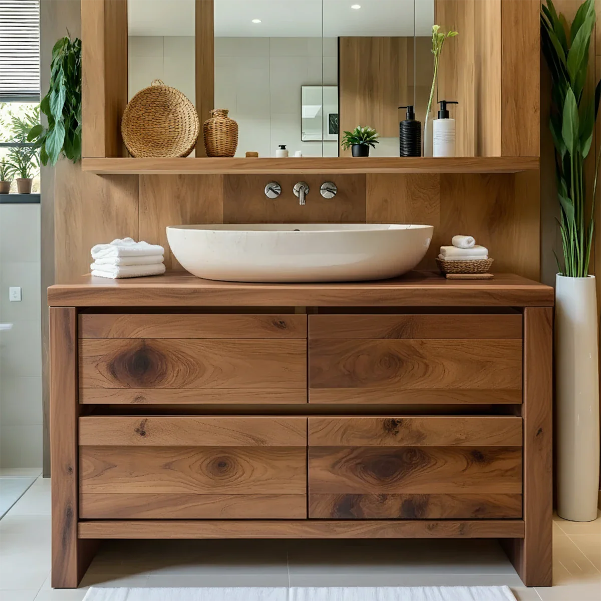 Modern Natural Solid Wood Vanity with Wide Grain Drawers - Rustira