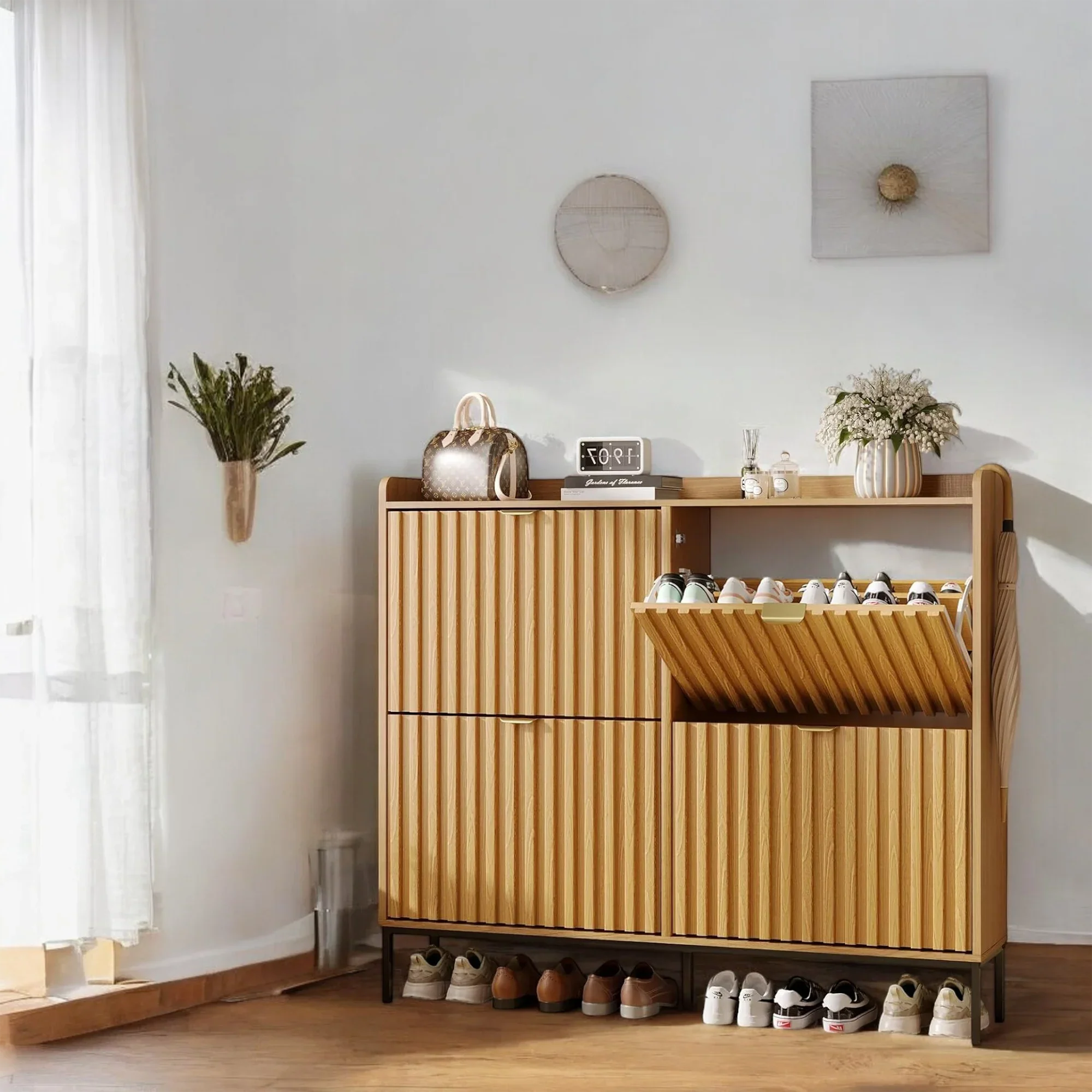 Modern Oak Shoe Cabinet with 3 Doors & Open Shelf