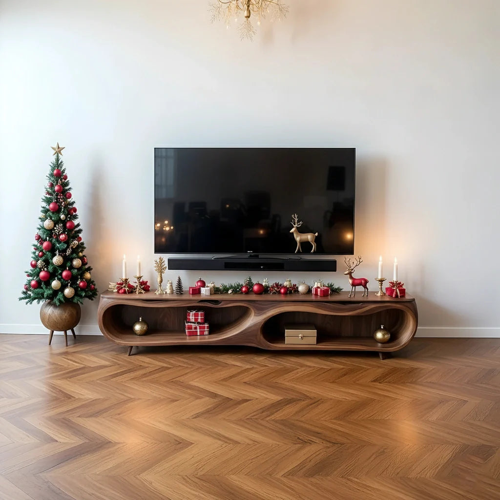 Modern Organic Solid Wood TV Stand with Sculptural Curved Design - Rustira