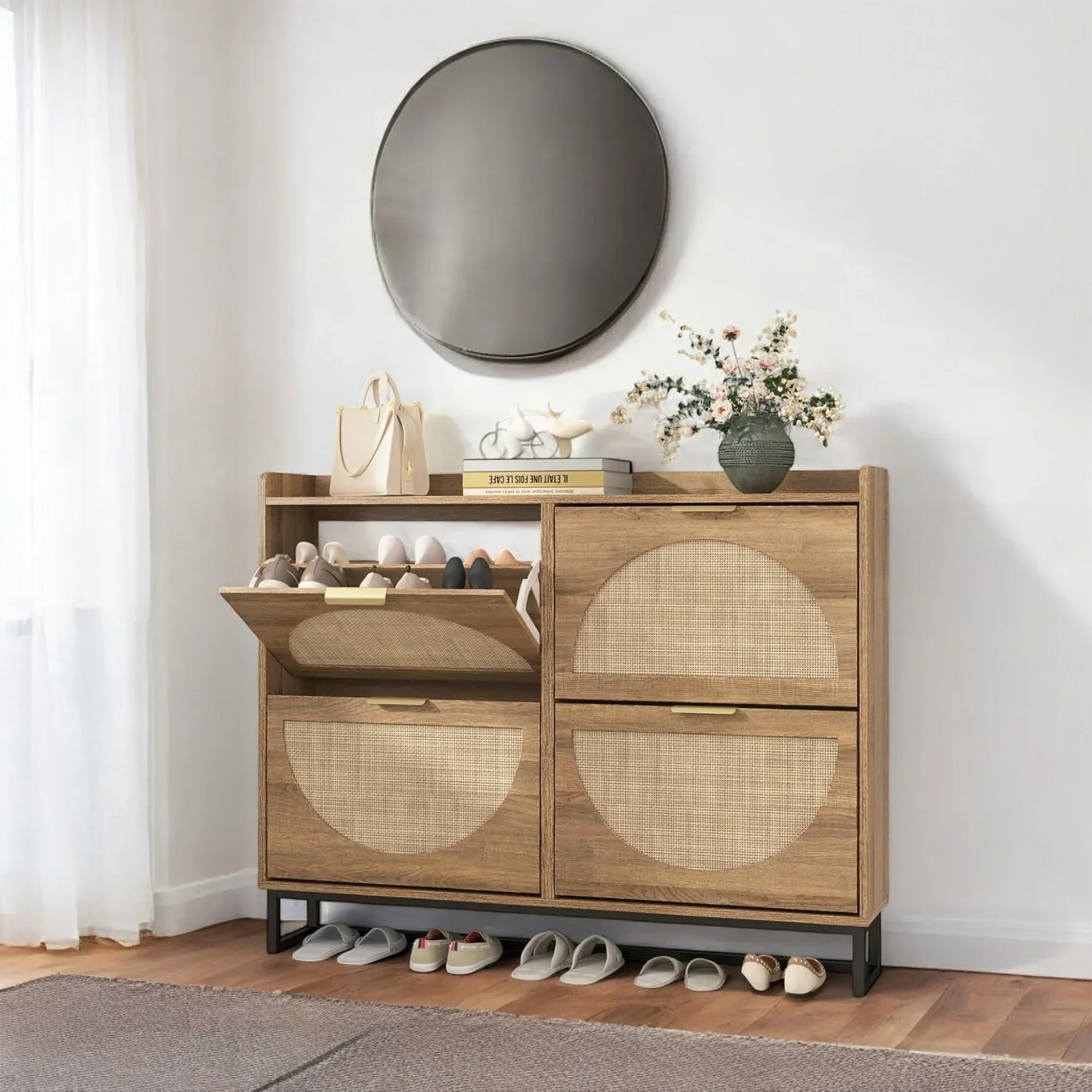 Modern Rattan-Style 4-Tier Shoe Cabinet with Slim Storage Design