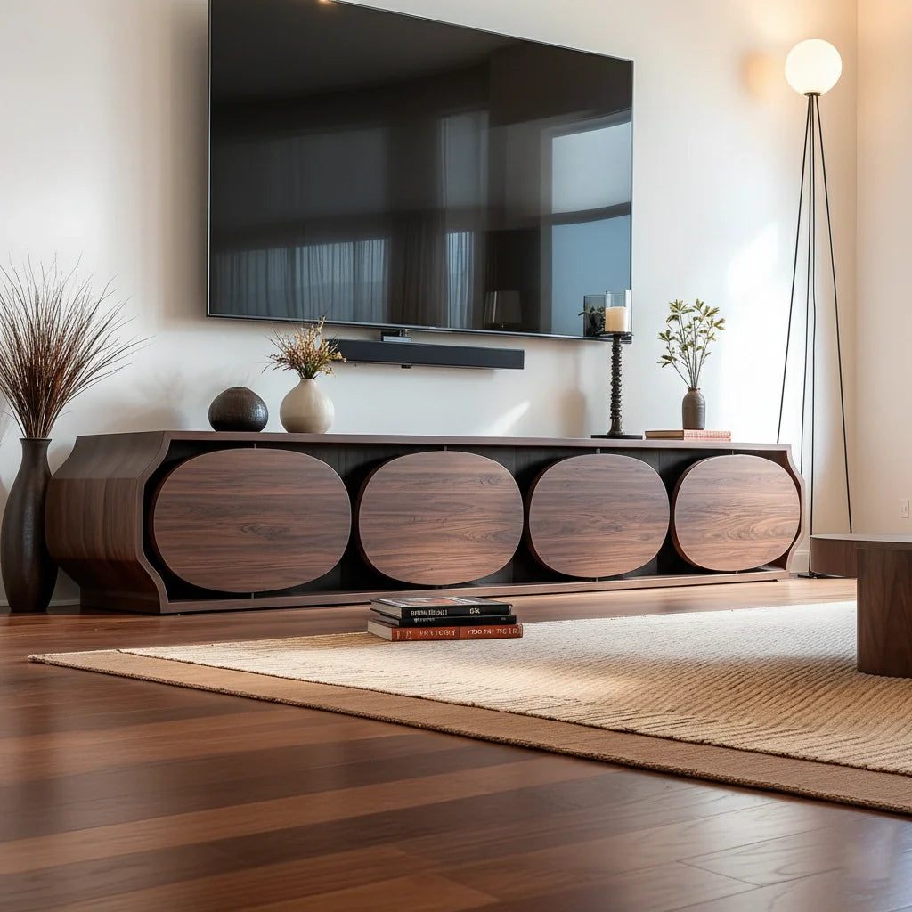 Modern Round-Panel Walnut TV Console With Sculpted Curves - Rustira