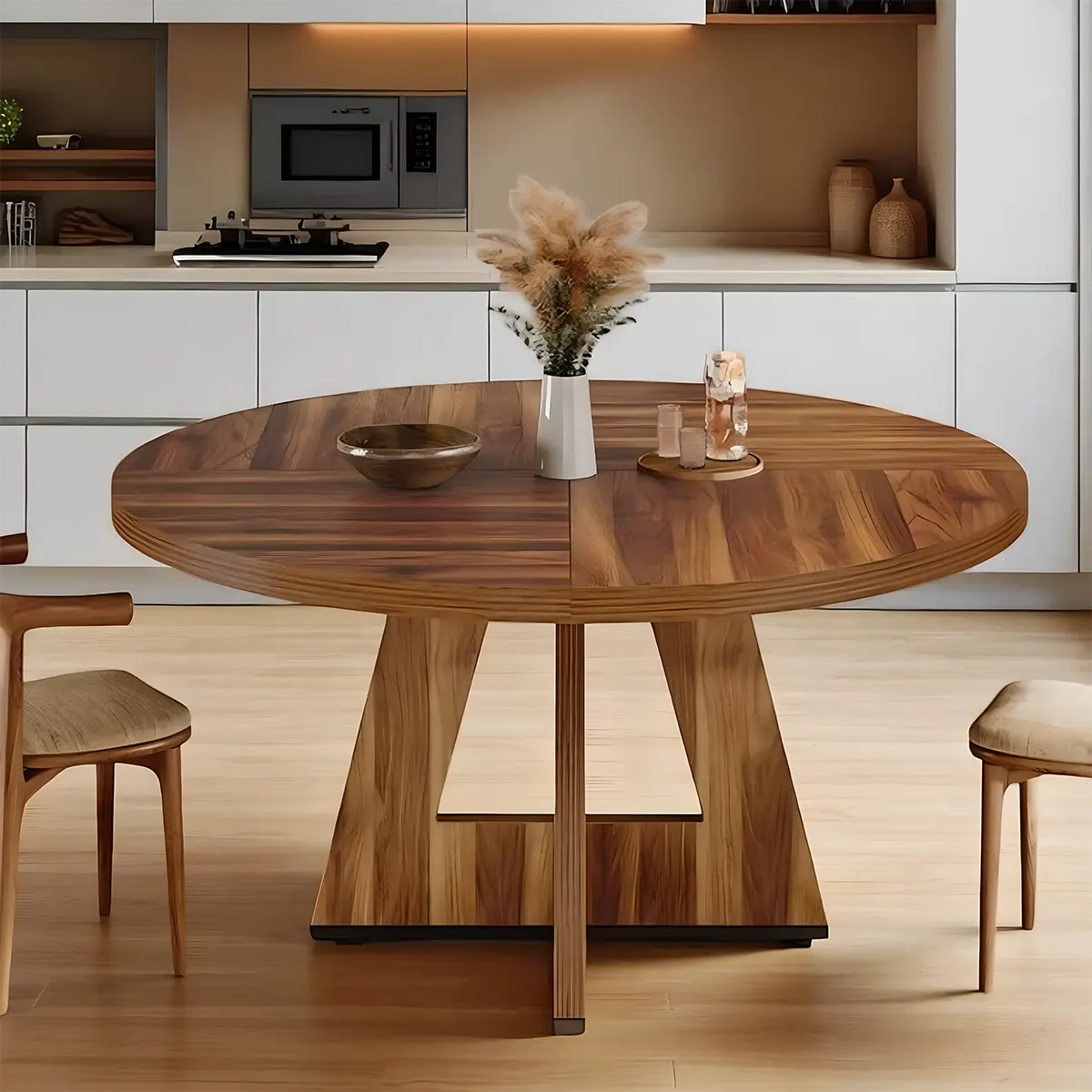 Modern Round Wooden Dining Table – Elegant T-Shaped Pedestal Base for Stylish Dining Spaces