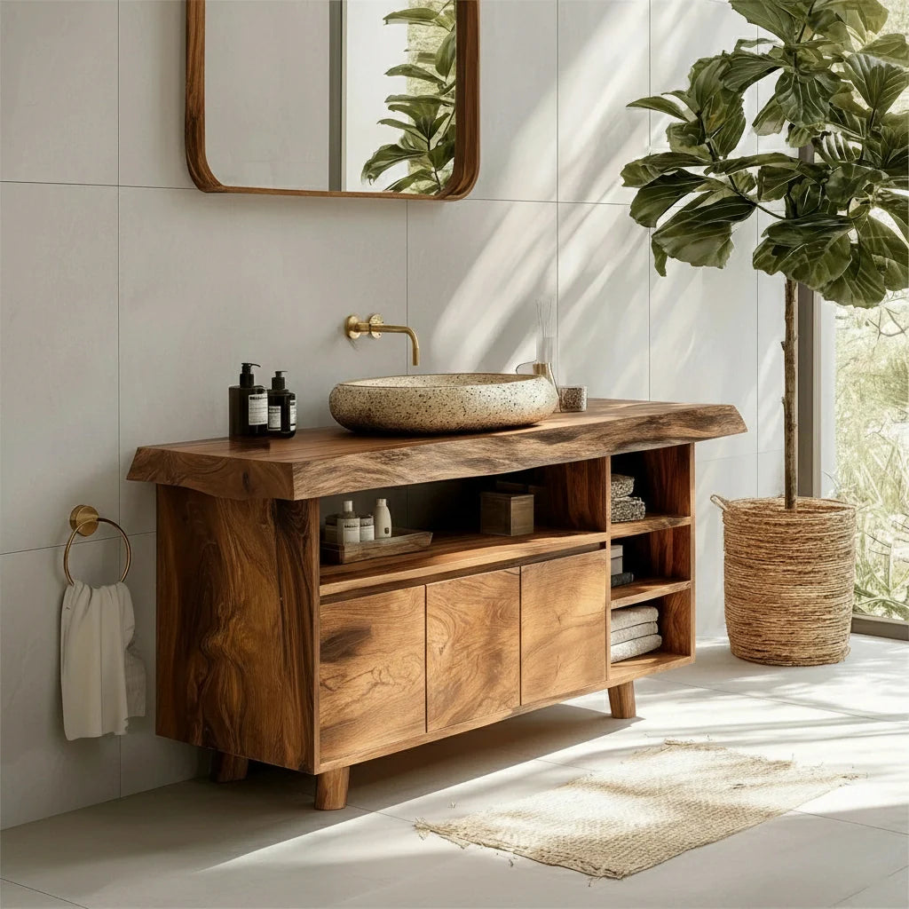 Modern Solid Wood Bathroom Vanity with Live Edge Counter & Storage - Rustira