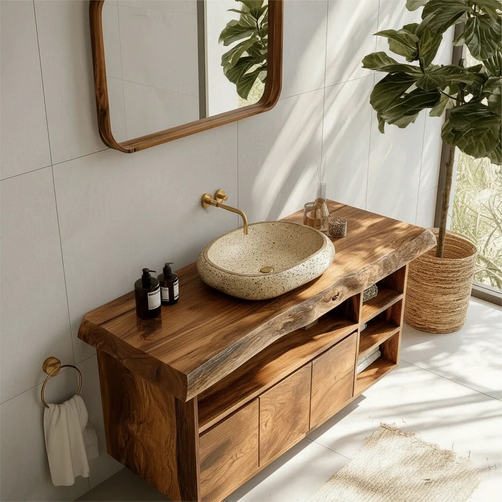 Modern Solid Wood Bathroom Vanity with Live Edge Counter & Storage - Rustira