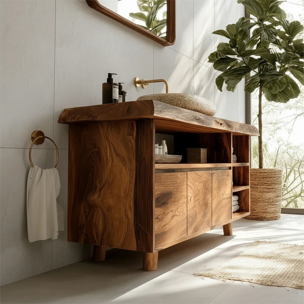 Modern Solid Wood Bathroom Vanity with Live Edge Counter & Storage - Rustira