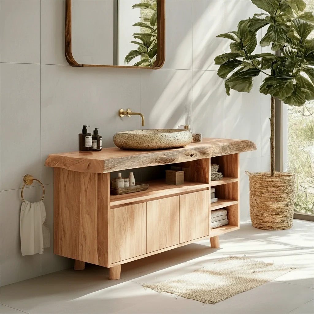 Modern Solid Wood Bathroom Vanity with Live Edge Counter & Storage - Rustira