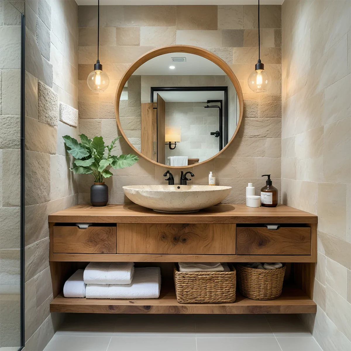 Modern Solid Wood Bathroom Vanity with Storage Shelf - Rustira