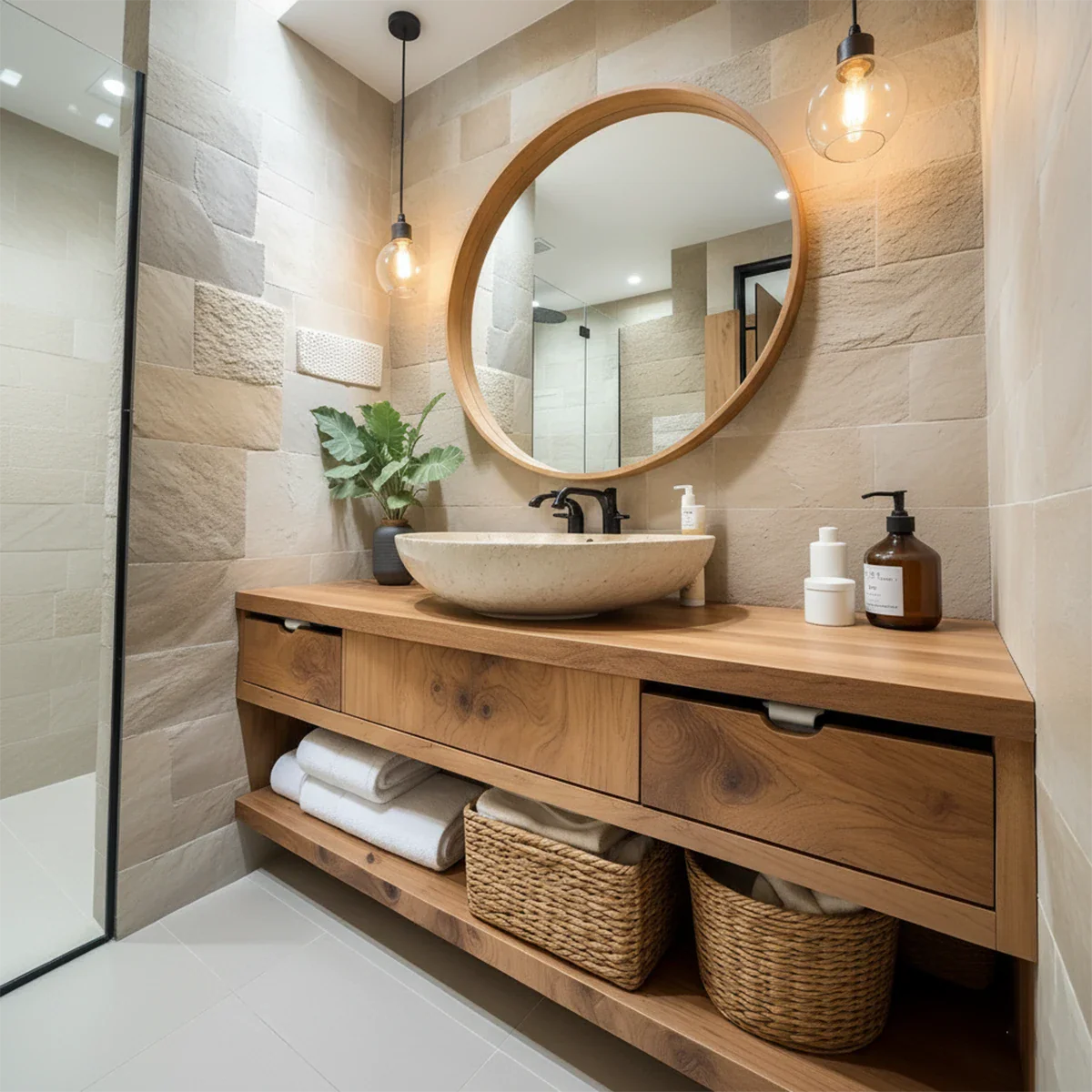 Modern Solid Wood Bathroom Vanity with Storage Shelf - Rustira