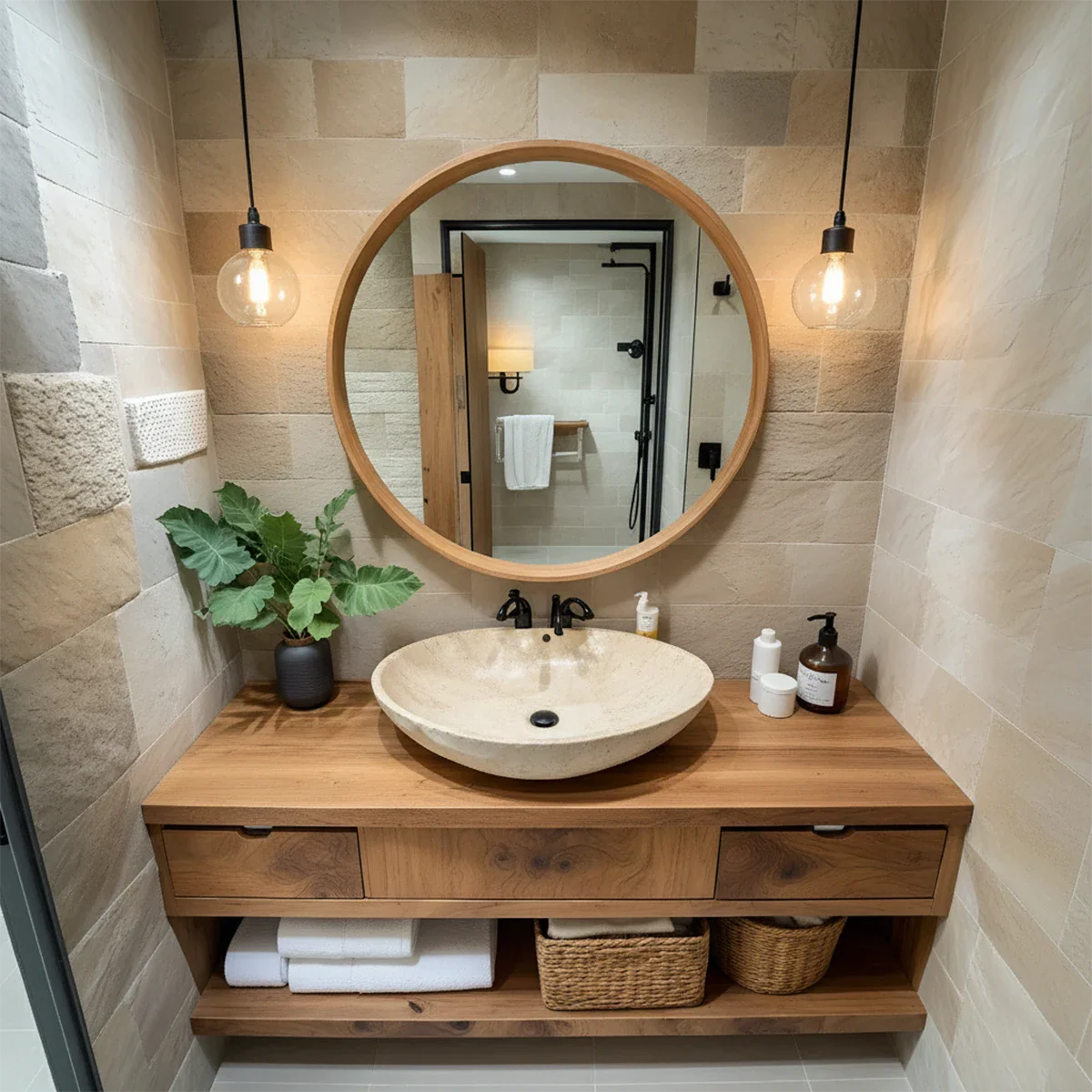 Modern Solid Wood Bathroom Vanity with Storage Shelf - Rustira