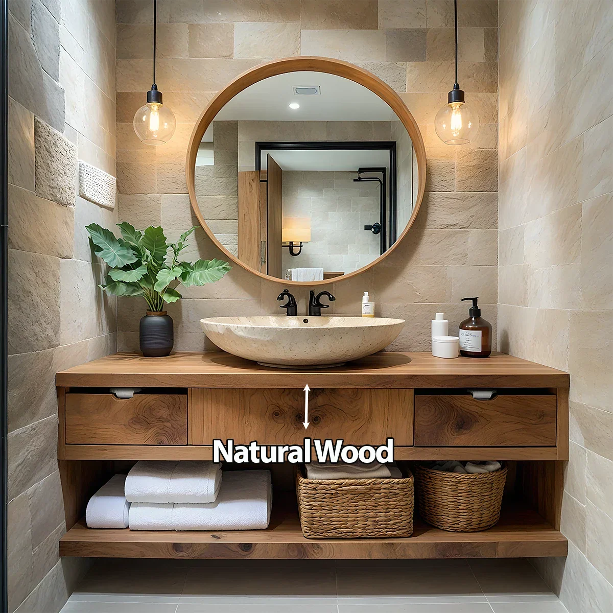 Modern Solid Wood Bathroom Vanity with Storage Shelf - Rustira