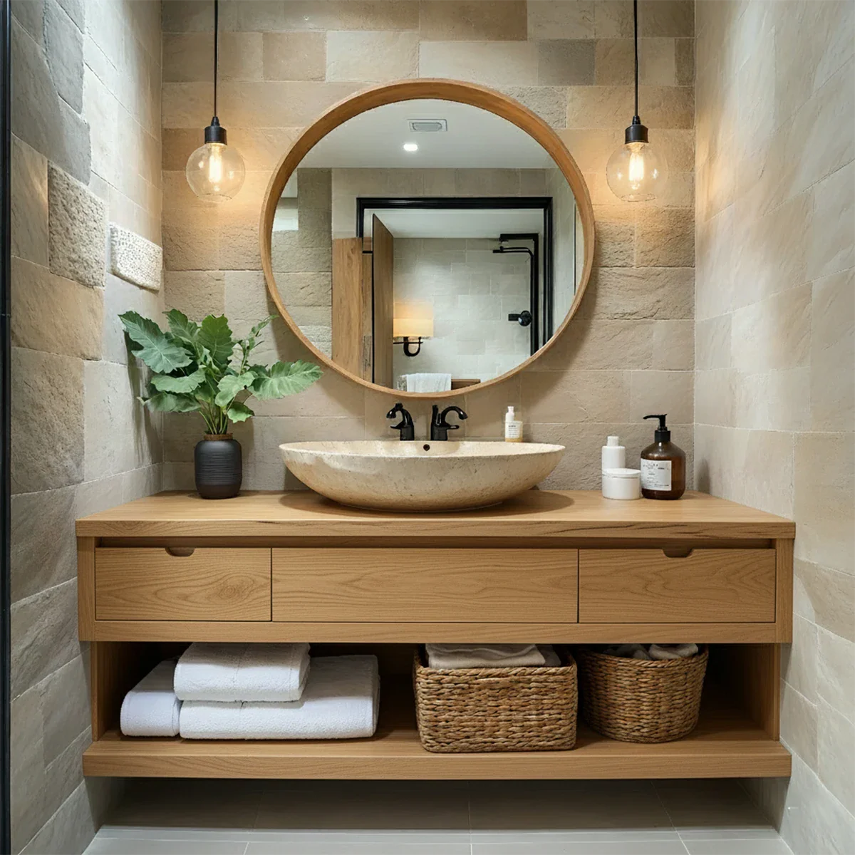 Modern Solid Wood Bathroom Vanity with Storage Shelf - Rustira