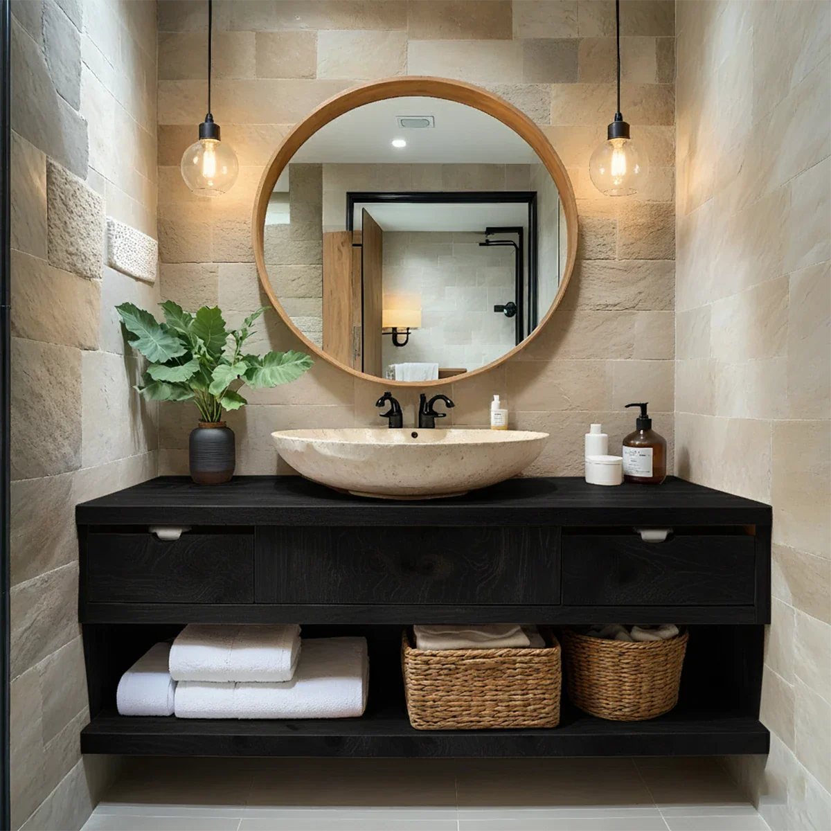 Modern Solid Wood Bathroom Vanity with Storage Shelf - Rustira