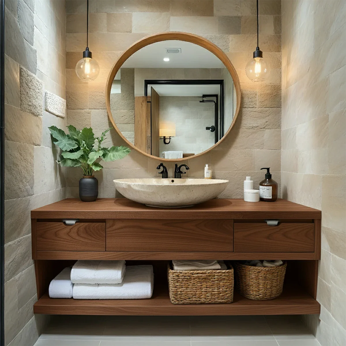 Modern Solid Wood Bathroom Vanity with Storage Shelf - Rustira