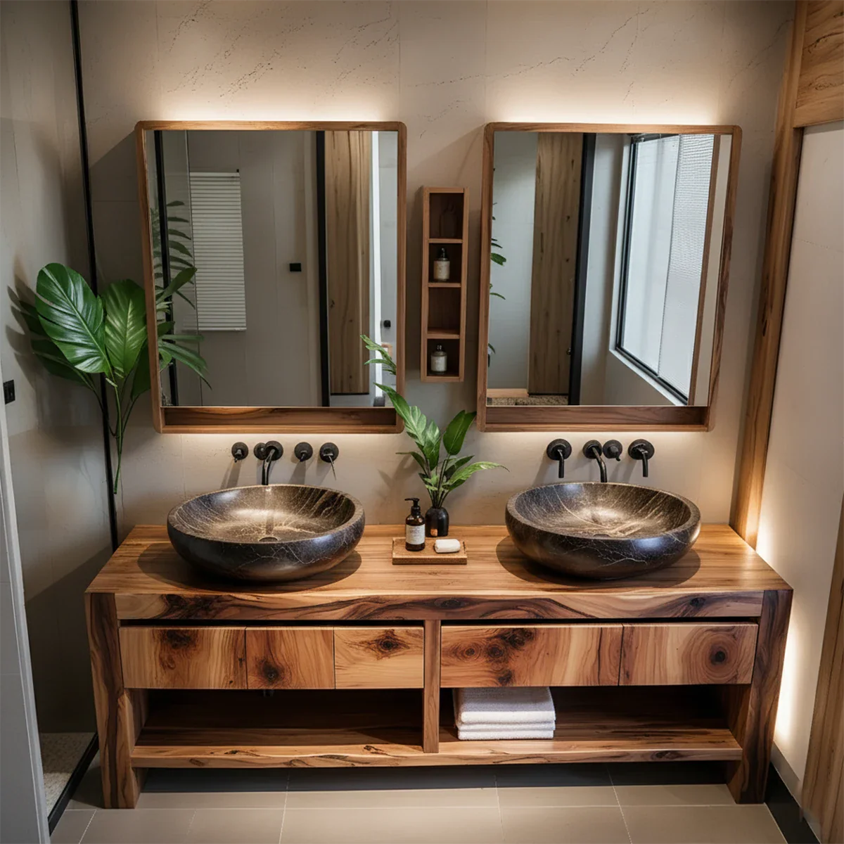 Modern Twin-Basin Natural Solid Wood Bathroom Vanity - Rustira