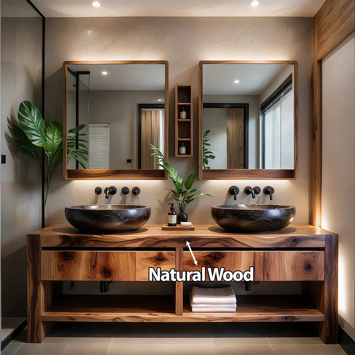 Modern Twin-Basin Natural Solid Wood Bathroom Vanity - Rustira