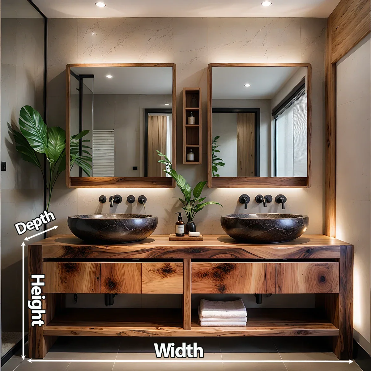 Modern Twin-Basin Natural Solid Wood Bathroom Vanity - Rustira