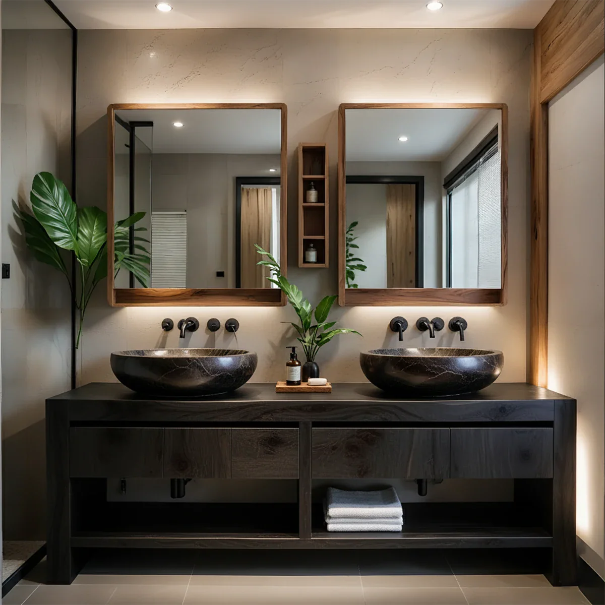 Modern Twin-Basin Natural Solid Wood Bathroom Vanity - Rustira