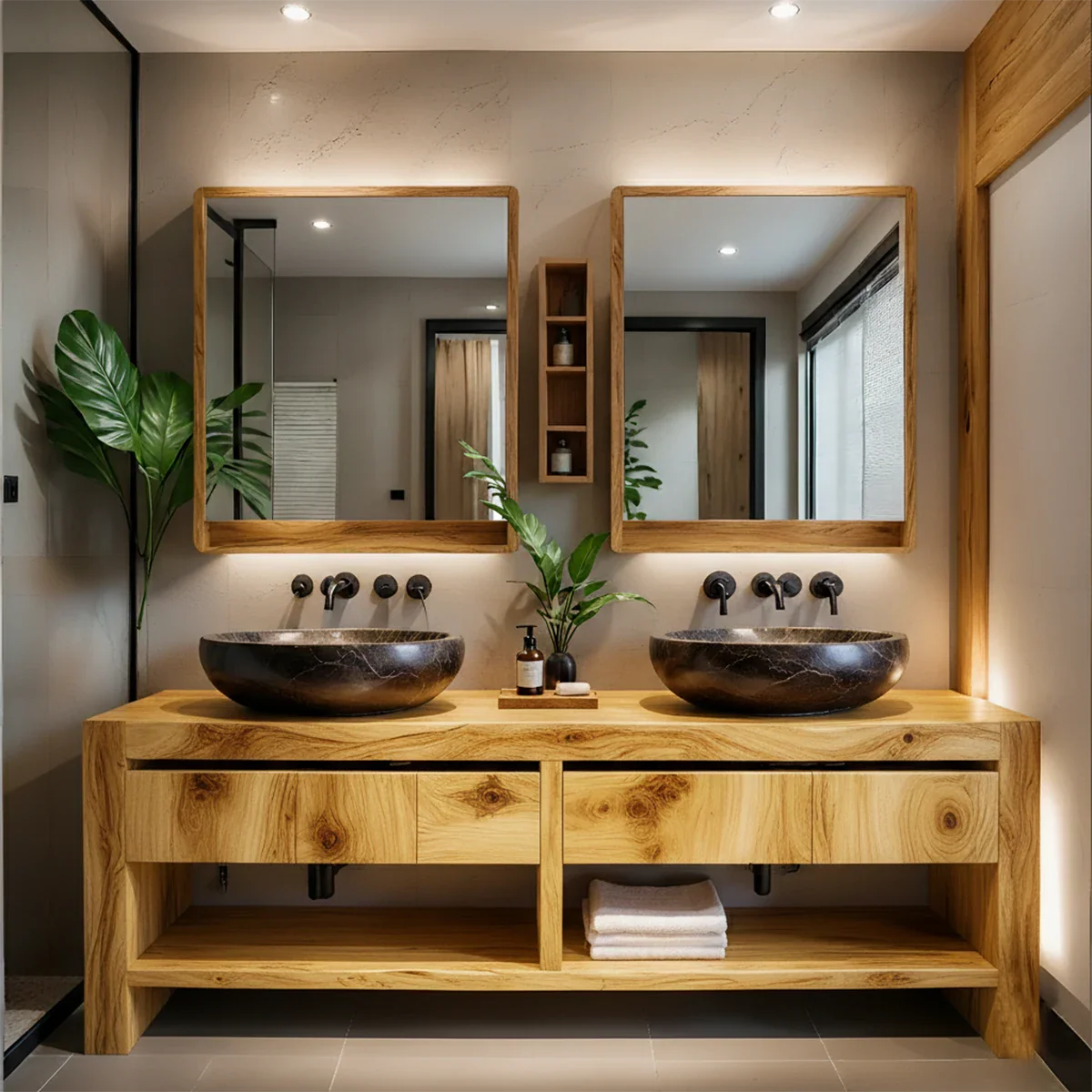 Modern Twin-Basin Natural Solid Wood Bathroom Vanity - Rustira