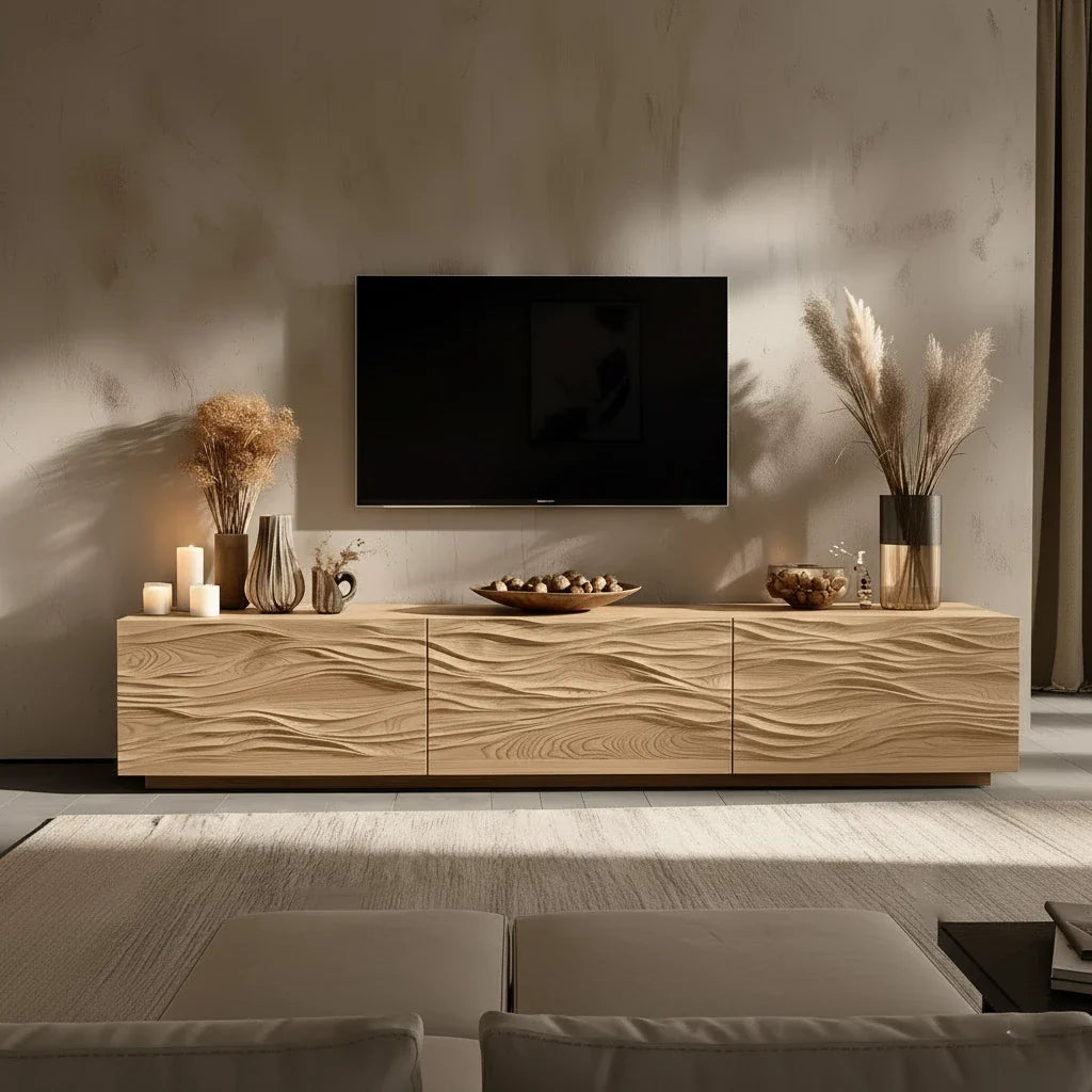 Modern Wavy Solid Wood TV Stand – Sculpted Minimalist Media Console - Rustira