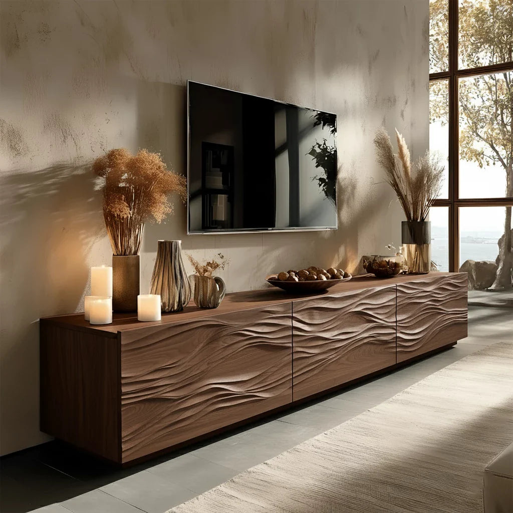 Modern Wavy Solid Wood TV Stand – Sculpted Minimalist Media Console - Rustira