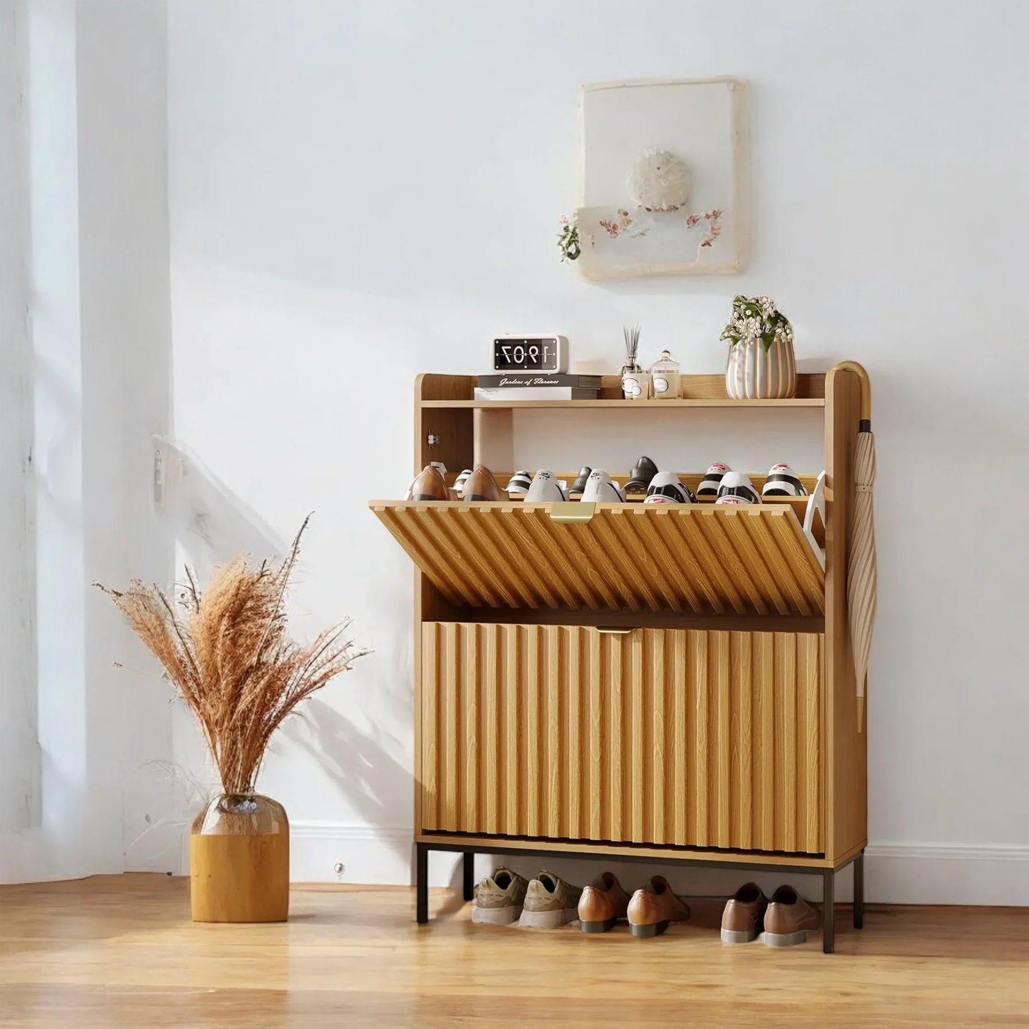Modern Wood Grain Shoe Cabinet with Flip Drawers & Open Shelf