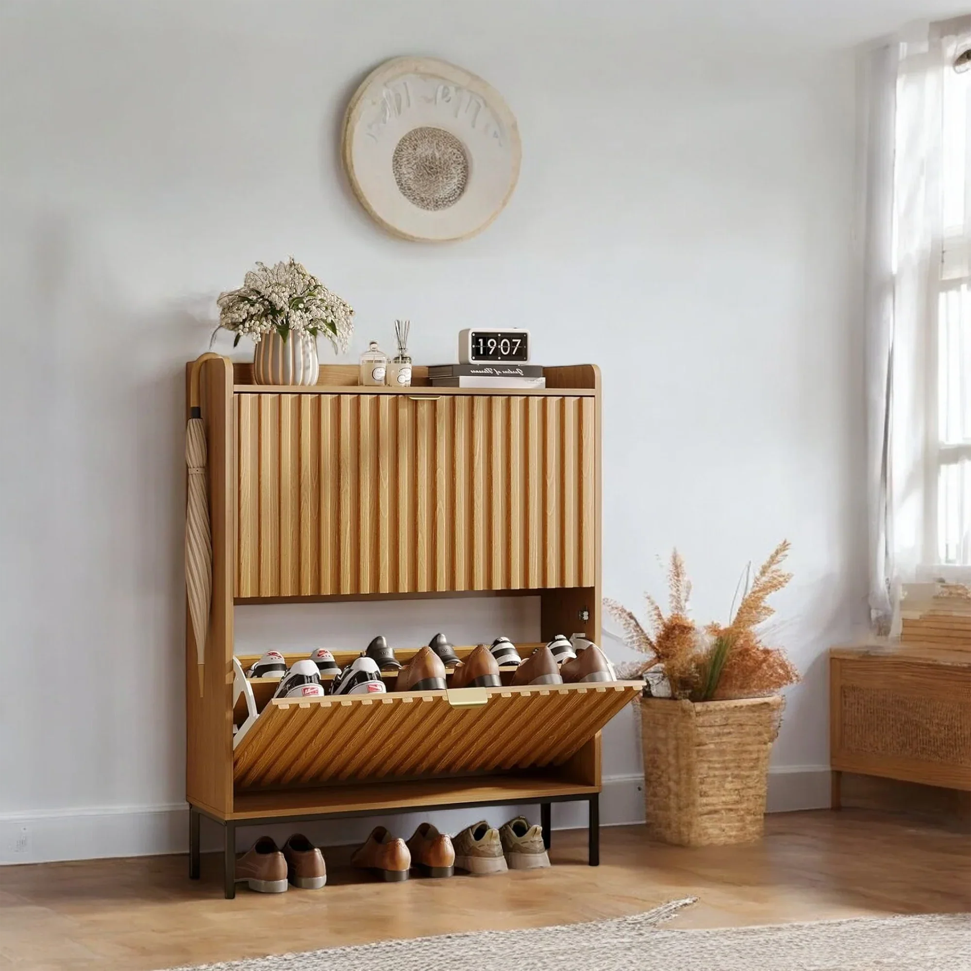 Modern Wood Grain Shoe Cabinet with Flip Drawers & Open Shelf
