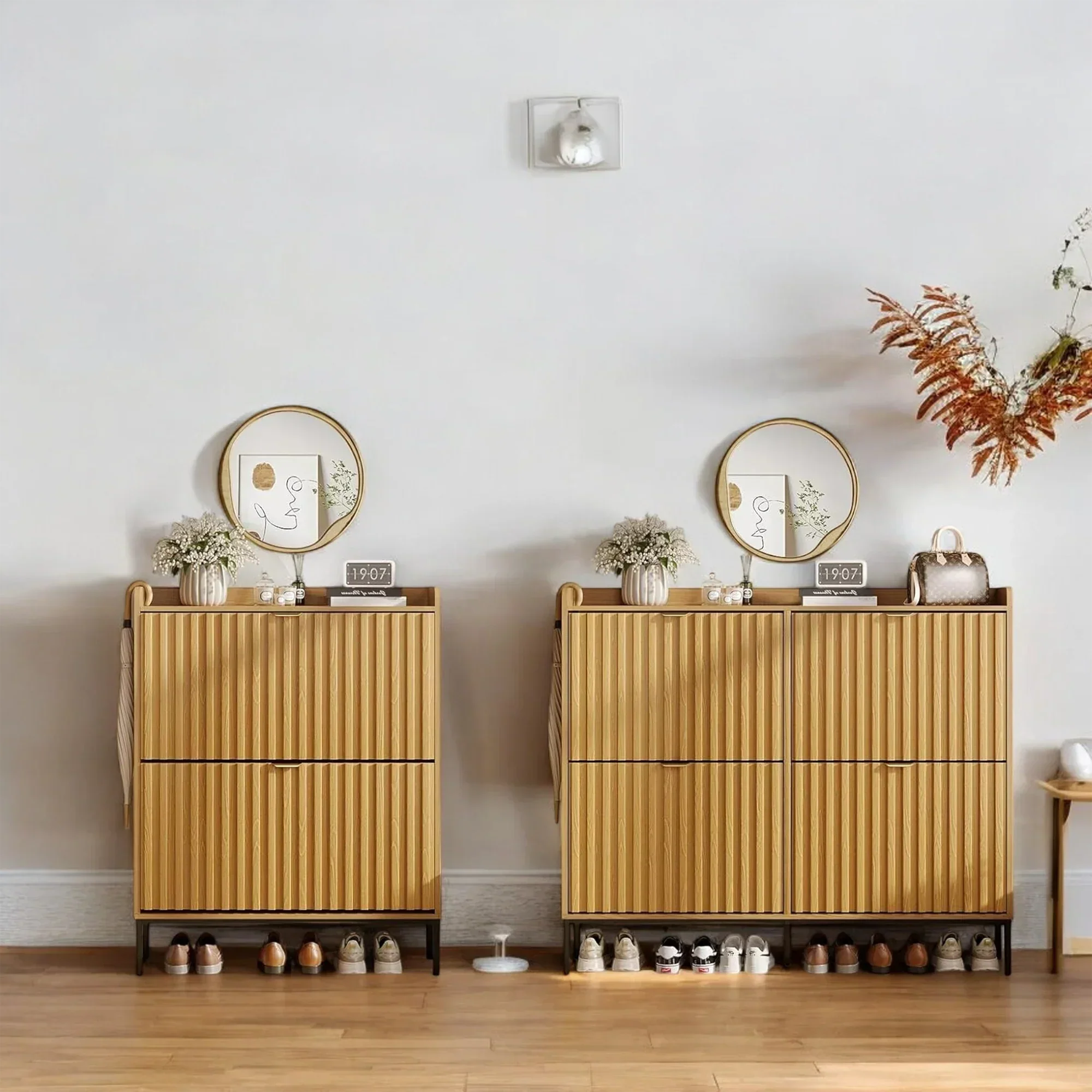 Modern Wood Grain Shoe Cabinet with Flip Drawers & Open Shelf