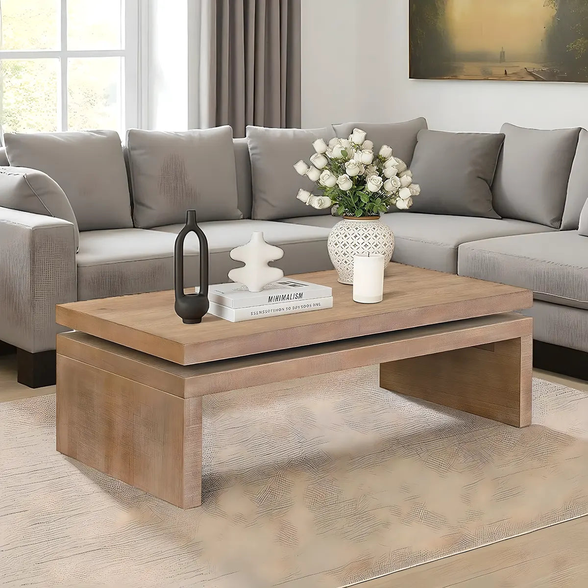 Modern Wooden Coffee Table 48” – Minimalist Design, Load Capacity 45kg